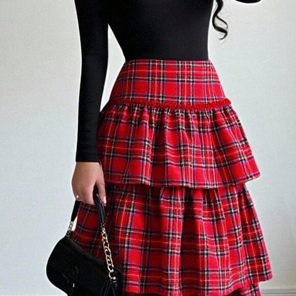 Pants - Multicolor Casual Women's Fitted Long Sleeve Jumpsuit & Plaid Skirt Christmas